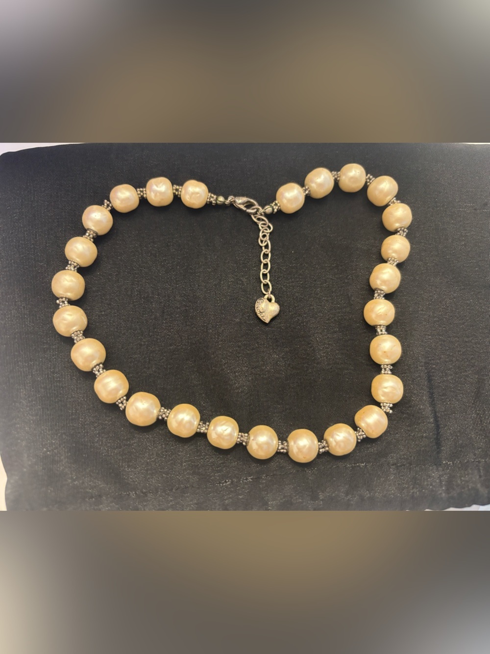 Vintage Carolee Faux Pearl Necklace Cream Baroque Pearls Silver Tone Heart Charm